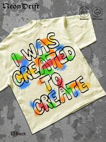 NeonDrift Halloween Christmas Thanksgiving Gifts Street Life Men's Y2k Style Double-Sided Printing (220 Pure Cotton T-Shirt) 'I Was Created To Create' Slogan.Men's Summer Round Neck Short Sleeve Casual T-Shirt, Summer Street Sports Life Men's - Màu be - Xem 3