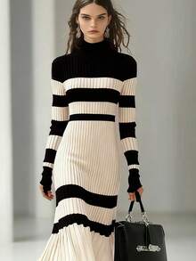 女士针织条纹高领长袖毛衣裙，荷叶边下摆，罗纹针织细节，中等弹力，时尚优雅休闲风格，适合日常穿着秋冬女装 - 杏色 - 查看 3