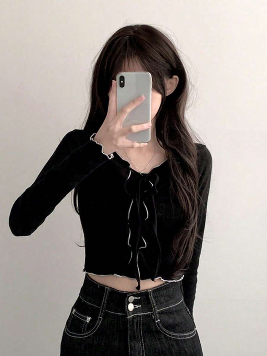 Girly Fashion V-Neck Long Sleeve Fitted Tie-Up Pullover Top For Women, Spring/Autumn