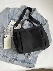 1 pieza Bolso de mano casual con cremallera en negro, bolso minimalista ligero y duradero con múltiples bolsillos y correa de hombro ajustable, mochila de gran capacidad