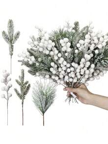 32 件人造圣诞杜松树枝，配植绒雪松枝和浆果，人造绿植，雪松树枝，雪松茎，适用于节日、冬季装饰、房间装饰、家居装饰、浴室装饰 - 白綠色 - 查看 1