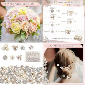 47Pcs Rhinestone Buttons For Clothing Faux Pearl Buttons Embellishments Flat Back Flower Button For Crafts DIY Jewelry Making Clothes Shoes Hair Decoration 7 Styles