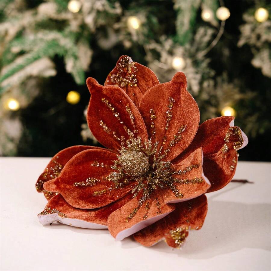 Flor artificial navideña, adorno brillante y colorido para la punta del árbol, ideal para decorar el hogar o como detalle para fiestas. - Naranja - Ver 1