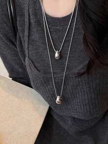 1Pc Fashionable And Simple Silvery Water Drop Stainless Steel Necklace For Women, New Style Casual And Versatile Long Sweater Chain Accessories,Suitable For Daily Or Office Wear,The Best Choice For Anniversary/Birthday/Christmas/Valentine'S Day Gifts