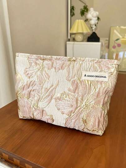 1 pieza Bolso de mano elegante, con estampado floral, de mezcla de algodón y lino, portátil, de gran capacidad, bolsa de aseo, bolsa de viaje, bolsa de cosméticos, bolsa de artículos varios, regalo de Navidad, uso diario, multifuncional, bolsa de almacenamiento