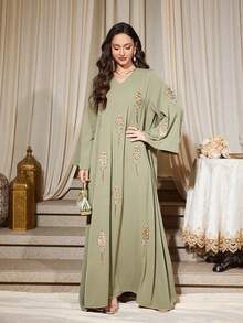 女士V领长袖串珠优雅宽松睡袍 - 綠色 - 查看 4