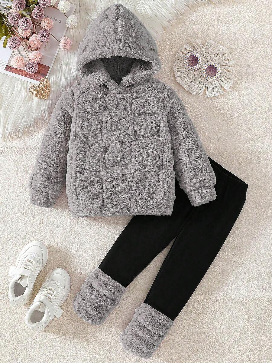 Young Girl Plush Hooded Sweatshirt And Casual Solid Color Leggings Set, Daily Wear For Winter - Light Grey - View 1