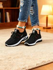 Women's Slip-On Mid-Top Casual Sports Shoes - Breathable Synthetic Cover & Mesh Upper, Vibrant Green & Orange Accents, EVA/PVC Cushioned Sole For All-Day Comfort - Versatile For Work, Running Errands & Casual Attire, Ladies Sneakers, Workwear Sneakers, Stylish Slipons, Modern Sneakers, Durable Traction, Comfortable Fit - 黑色 - 查看 2