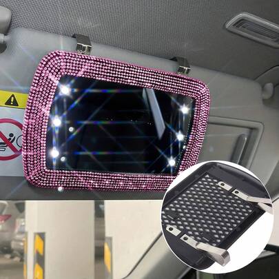 1pc Rhinestone Decorated Shiny Car Sun Visor Mirror - Creative Makeup Accessory, Perfect Home Gift, Car Sun Visor Vanity Mirror, Popular Diamond Decor Mirror, Compact Car Sun Visor Makeup Mirror - Rectangular Glass, Flat Mirror Surface, Women's Rearview Mirror Auxiliary Tool, Car Accessory | Ideal Gift, Driving Safety Accessory | Modern Aesthetics | Durable Glass, Car Sun Visor Mirror
