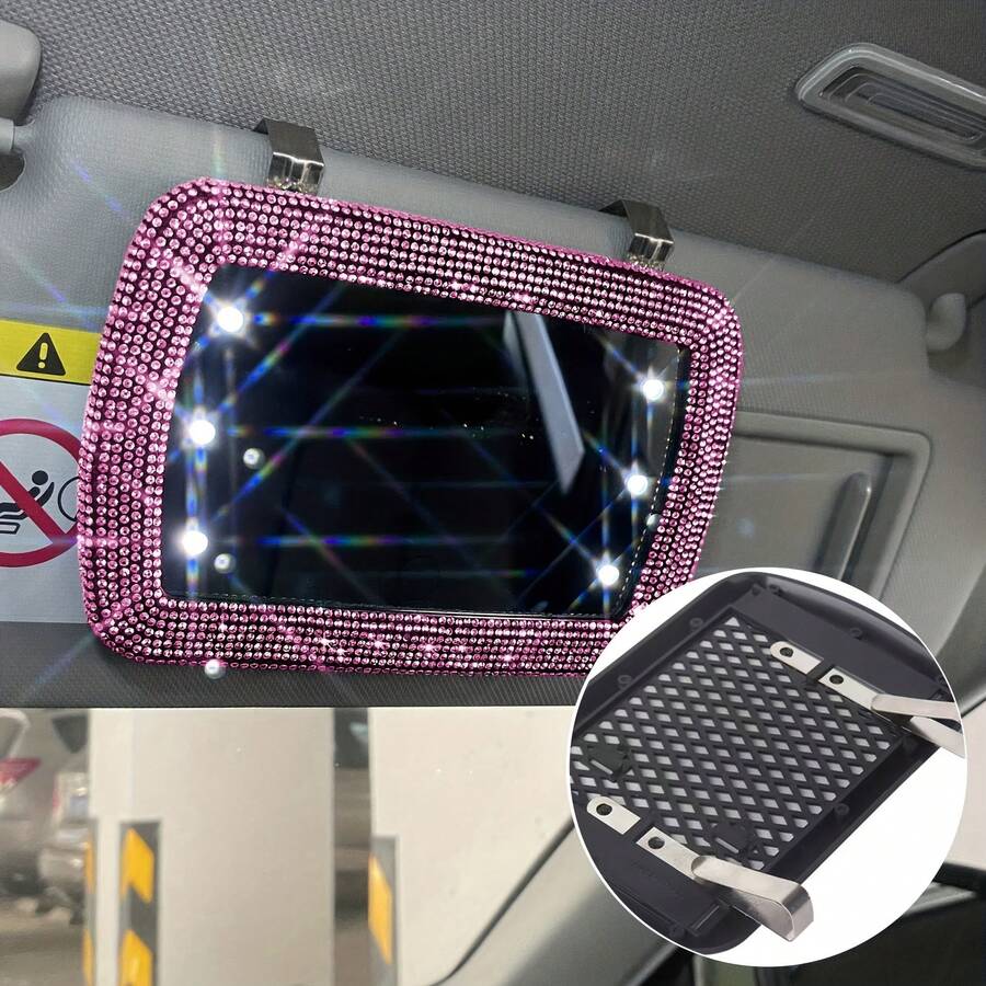 1 pieza Espejo de visera de coche con diamantes de imitación (versión sin luz) - Accesorio de maquillaje creativo, regalo perfecto para el hogar, espejo de visera de coche, espejo de decoración de diamantes popular, espejo compacto de visera de coche - Superficie de espejo de vidrio rectangular y plano, herramienta auxiliar de espejo retrovisor para mujeres, accesorio de coche | Regalo ideal, accesorio de para conducir | Estética moderna | Vidrio duradero, espejo de visera de coche