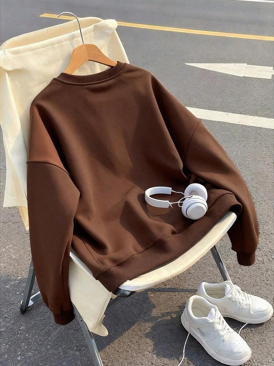 Casual Minimalist Letter Print Basic Crew Neck Sweatshirt, Suitable For Autumn/Winter Wear, Teen Girls - Brown - View 1