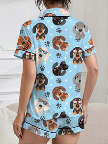 2 件套女士睡衣套装，可爱的腊肠犬印花，柔软的面料，适合节日派对的睡衣，舒适的短袖领扣衬衫和松紧腰短裤，时尚休闲装，适合户外和室内穿着，四季皆宜 - 淺藍色 - 查看 2