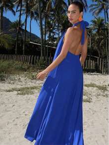 Women's Long Backless Simple Beach Dress None Fabric Backless / Backless Ruffled 019 Wedding Evening Beach Home Office Formal & Evening Travel Daily Birthday Party Summer - Màu xanh lam - Xem 2
