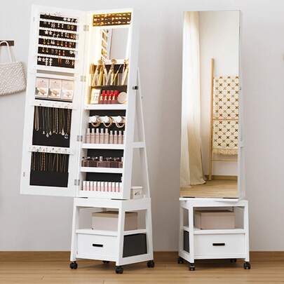 Joyero giratorio de 360° con luces LED, espejo de maquillaje interior, espejo de cuerpo entero giratorio con espacio para guardar joyas, armario organizador de joyas de pie con cerradura, cajón y ruedas (blanco)