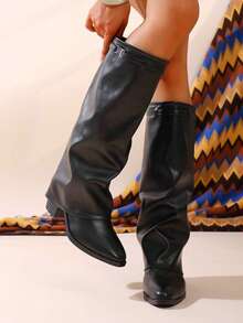 秋冬女式尖头舒适宽筒直筒多功能一体式搭扣时尚厚底裤靴加大码黑色性感过膝长靴，配有可调节搭扣装饰，适合度假和日常穿着；女式时尚褶皱仿皮过膝长靴；百搭朋克风外套女式过膝长靴，派对必备。