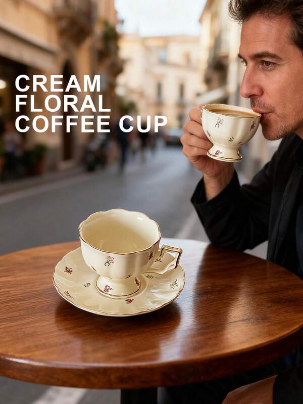 1 Peça Conjunto de Xícara de Café Floral Vintage Francesa, Xícara de Chá Grande Cerâmica Inglesa com Borda Dourada, Xícara de Bar de Restaurante Francesa para Uso Doméstico; Presente de Casamento para Recém-Casados, Presente de Inauguração da Casa, Aniversário.