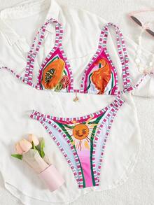 New Fruit & Ocean Print Bikini Two Pieces Set For Women, With Adjustable Straps, Suitable For Summer Beach Vacation, Sexy Beach Party Casual Wear, Women's Swimwear, Beach Outfit, Women's Holiday Outfit, Valentine's Day Outfit, Summer Outfit