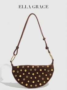 ELLA GRACE Rustic Coffee Brown Suede Half - Moon Shoulder Bag Decorated With Gold Studs And Rings, Showcasing Retro Punk Flair, Adjustable Strap For All - Day Wear, New Autumn And Winter Women Bag, Best Fall Purse, Perfectly Matching With Fall Outfits Womenfall Clothes For Women