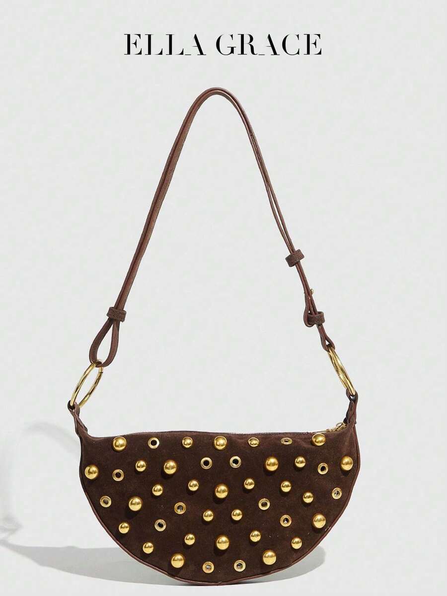 ELLA GRACE Rustic Coffee Brown Suede Half - Moon Shoulder Bag Decorated With Gold Studs And Rings, Showcasing Retro Punk Flair, Adjustable Strap For All - Day Wear, New Autumn And Winter Women Bag, Best Fall Purse, Perfectly Matching With Fall Outfits Womenfall Clothes For Women