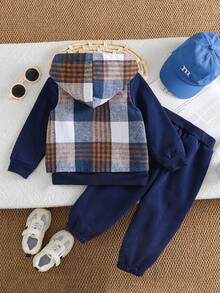 3pcs Baby Boy Plaid Vest + Hoodie Casual Outfit, Including Hooded Thermal Lined Zip-Up Jacket, Paired With Crew Neck Sweatshirt And Pants, Retro Korean Style Casual Set, Suitable For Autumn/Winter Outdoor Wear - Multicolor - View 3