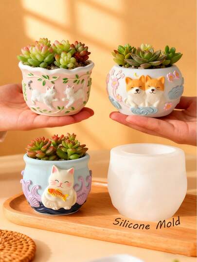 4 piezas de moldes de macetas con relieve de animales, moldes de silicona con formas de perro, gato y tren, resistentes al calor, flexibles y fáciles de limpiar, adecuados para velas aromáticas DIY, piedras difusoras de yeso, moldeado de resina y varios escenarios de decoración como festivales y meditación