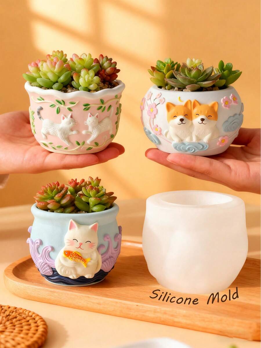 4 件动物浮雕花盆模具,狗、猫、火车形状的硅胶模具,耐热、灵活且易于清洁,适用于 DIY 香薰蜡烛、石膏扩散石、树脂铸造以及节日和冥想等各种装饰场景 - 白色 - 查看 1