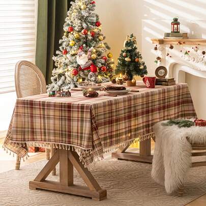 1 件圣诞米色和格子桌布，加厚编织面料，带流苏装饰，适合节日聚会和派对