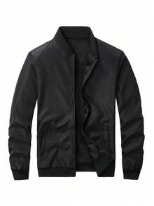 Chaqueta de béisbol casual de manga larga con cremallera y unicolor para hombres - Negro - Ver 1