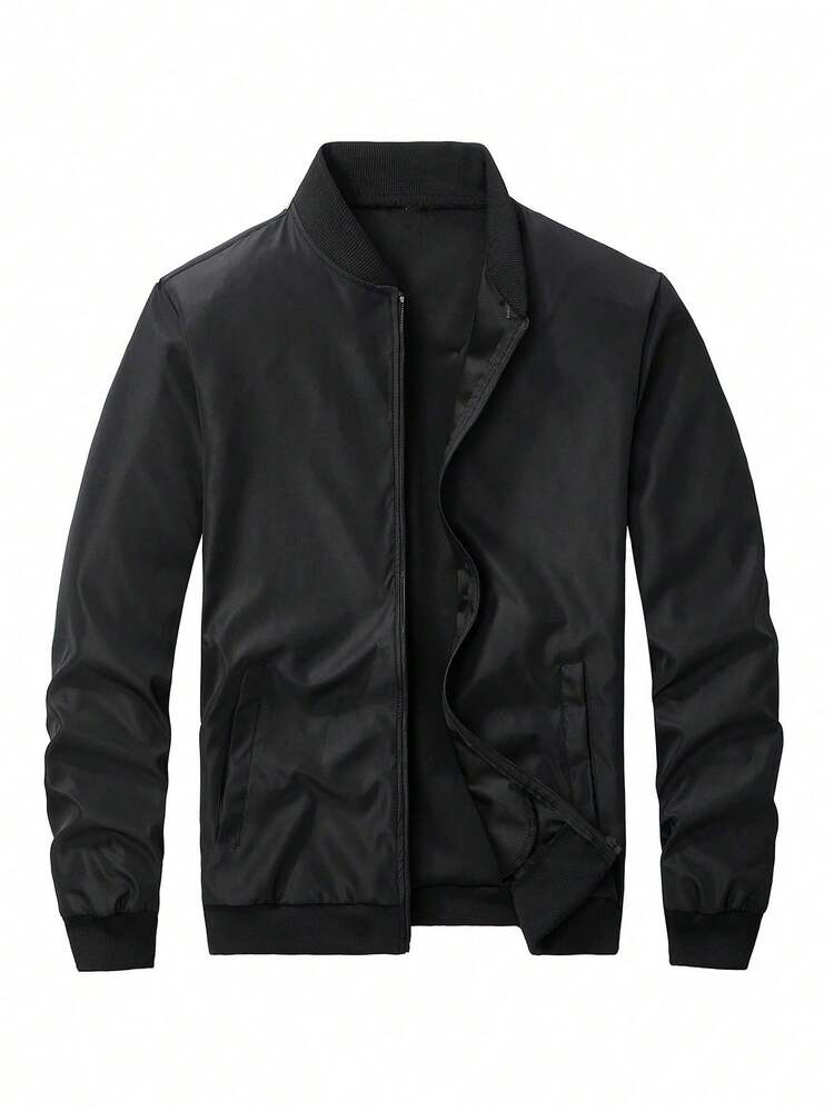 Chaqueta de béisbol casual de manga larga con cremallera y unicolor para hombres - Negro - Añade 1