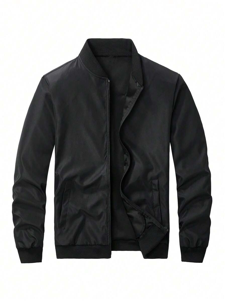 Chaqueta de béisbol casual de manga larga con cremallera y unicolor para hombres - Negro - Ver 1