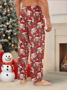Personalized Men's Christmas Print Loungewear Pants, Casual Home Long Pants With Christmas Tree & Snowflake Pattern, Christmas Atmosphere Gift, For Fall & Winter - Multicolor - View 2