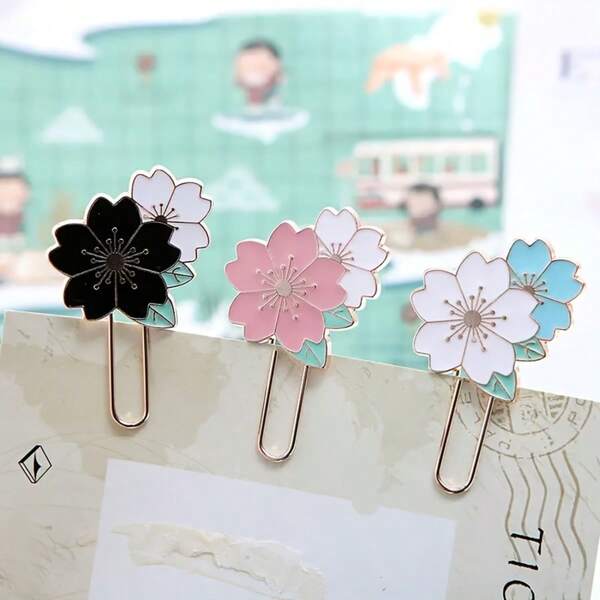 1pc/2pcs Sakura Series Paper Clips Bookmarks, Loose-Leaf Binder/File Folder, 3 Colors Available, Student Desk Organizer, Teacher's Day Gift/Classroom Stationery