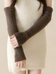 柔软针织保暖袖套，带拇指孔，蓬松保暖，适合寒冷天气，弹性好，Y2K日式长款露指手套 - 彩色 - 查看 5