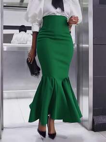 Plus Size Women's Autumn Solid Color Knit Fabric Ruffle Tie Waist Zipper Closure A-Line Skirt, Suitable For All Seasons - Green - View 5