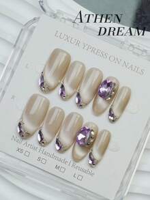 10 pezzi di unghie finte ovali realizzate a mano, unghie lunghe, eleganti unghie color champagne, unghie gatto brillanti, grandi gemme di pietra viola, unghie autunnali semplici ed eleganti di lusso, unghie finte autunnali, unghie versatili fai-da-te per feste, uso quotidiano e appuntamenti, adatte per vacanze al mare e tropicali, riutilizzabili, per donne e ragazze come regalo e forniture per unghie