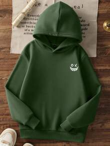 青少年男童休闲印花黑色保暖内衬卫衣，秋季款 - 軍綠色 - 查看 5