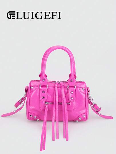 1pc Watermelon Pink Patchwork Rivet Studded Metal Tassel Zipper Decor Vintage PU Material Strap Decor Rivet Studded Dual Handle Adjustable Shoulder Strap Zipper Closure Retro Sweet Punk Y2K Style Square Tote Bag, Casual Low-Key Luxury Women Crossbody Bag Fits Phone, Card Holder, Suitable For Daily, Travel, Shopping