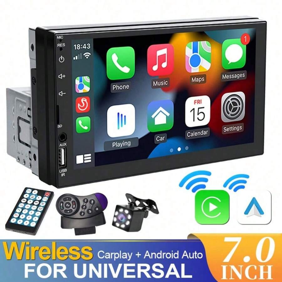 Single DIN Car MP5 Player, Supports Wireless CarPlay And Android Auto, 7-Inch HD Touchscreen, Bluetooth, Stereo, 12V Power, FM Radio, ISO Interface, AUX Input, SD Card Slot, USB Port, With/Without Camera