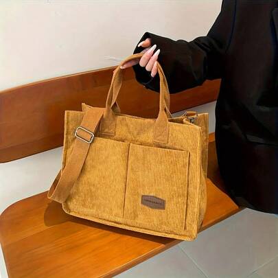 Borsa a mano vintage in velluto a coste, borsa a tracolla alla moda con multi-tasche, borsa a tracolla per il trasporto quotidiano