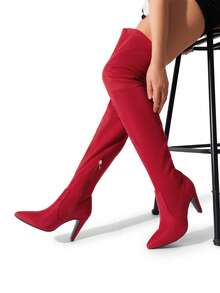 Women's Fashion Pointed Toe High Heel Over-The-Knee Boots, Slim High Heel Side Zipper Pleated Women Boots For Autumn Winter Party And Daily Wearing - 紅色 - 查看 4