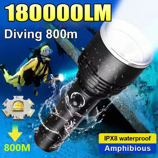 Lampe de plongée professionnelle XHP160 La lumière sous-marine la plus puissante Étanche IPX8 Lampe de poche polyvalente Lampe de camping et de pêche haute puissance Travaux de réparation et lampes de randonnée et de chasse