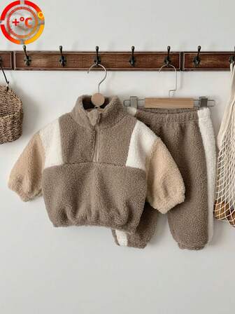 2 st/set babypojke casual färgblock termofodrad långärmad tröja och byxor, vinter