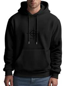 Sudadera con Capucha Suelta Negra para Hombre - Diseño de Patrón Impreso de Moda, Patrón Blanco de Target, Sudadera Casual de Manga Larga, Estilo de Pareja de Otoño Sin Cremallera - Negro - Ver 2