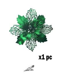 1/10pcs Glitter Poinsettia Decoration Flowers With Clips, Rose Gold Glitter Mesh Leaves Artificial Poinsettia Flowers For Christmas Tree, Christmas And New Year Holiday Decorations, Shiny Artificial Christmas Flowers For Rose Gold Christmas Tree, Wedding Table Decor (Dark Green)