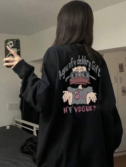 Women's Loose Fit Cotton Letter & Cartoon Duck Print Long Sleeve T-Shirt, Versatile For Spring & Autumn