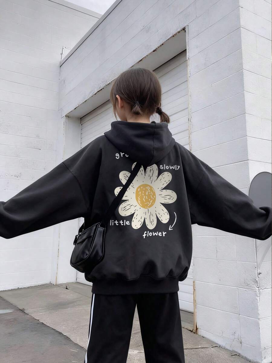 1件少女休闲印花套头卫衣，保暖内衬，长袖，秋冬季学生服装 - 黑色 - 查看 1