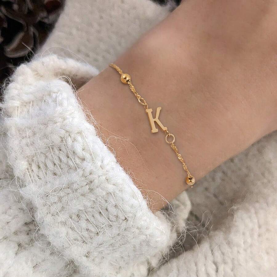 1 pieza Nuevo brazalete de cadena de acero inoxidable con letra minimalista, adecuado para usar en fiestas - Amarillo Oro - Ver 1