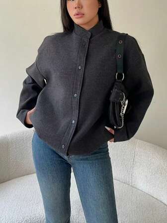 女士冬季感恩节休闲通勤深灰色学院风家居服日常百搭羊毛混纺外套