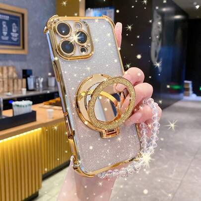 四合一防震闪亮手机壳，配有珍珠挂绳、化妆镜和磁吸支架，兼容 16、 16 Pro、 16 Pro Max、Galaxy S25、S25+、S25 Ultra 等机型。
