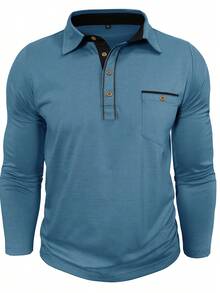 Plus Size Men's 2025 New Fashion Spring & Autumn Long Sleeve Polo Shirt, Casual Button Collar Solid Color Pocket Henley Top